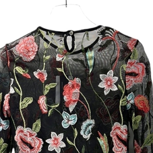 Piano C Top Shirt S Black Sheer Flower Embroidered Bell Sleeve NWT Whimsigoth - Picture 4 of 12